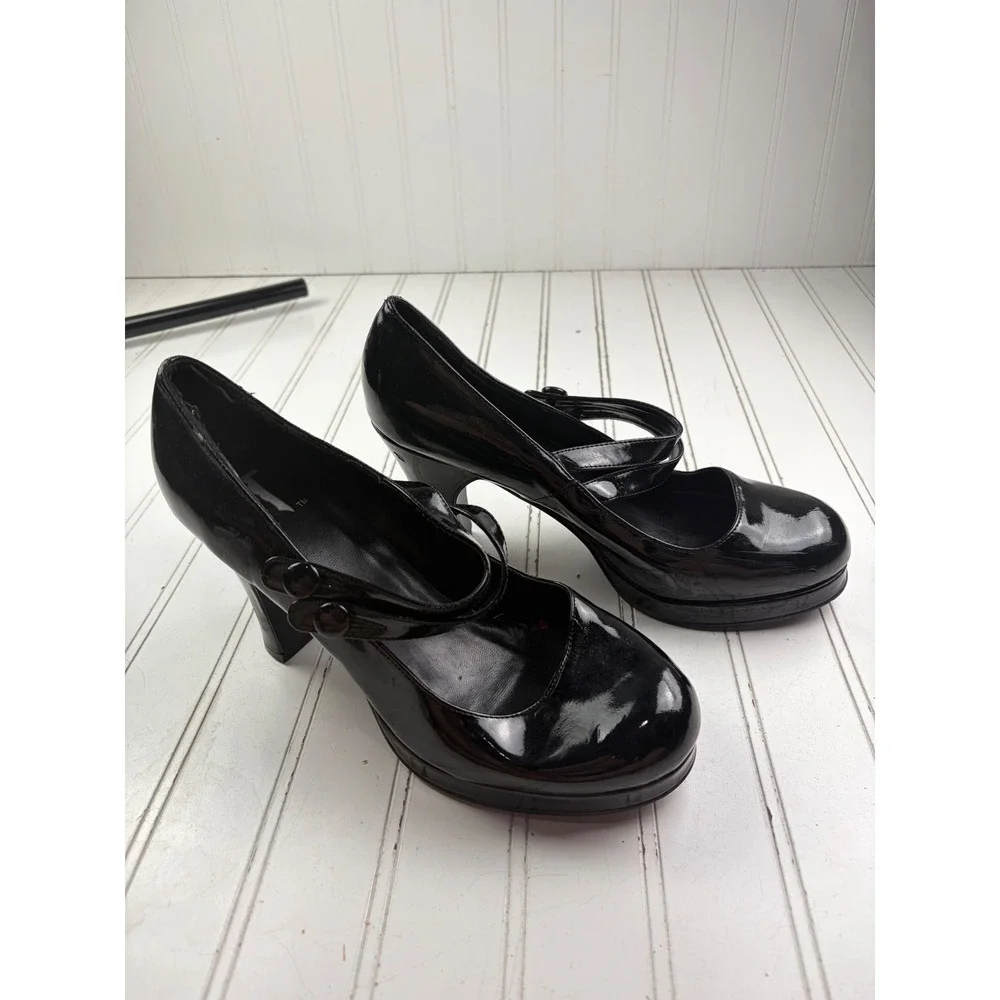 Vintage Y2K Black Patent Leather Mary Jane Platform Chunky Heels Women's Size 10